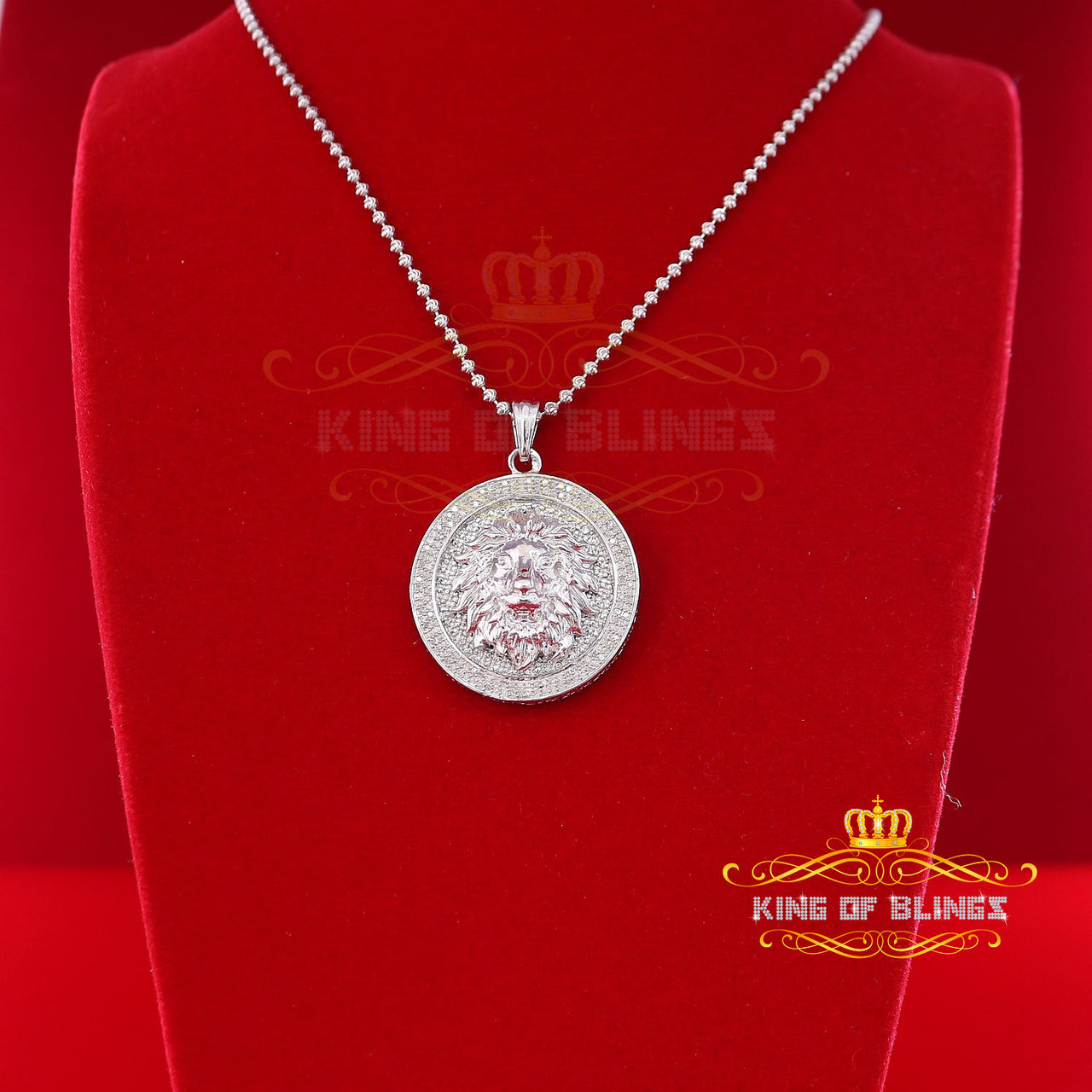 King Of Bling's Real 0.33ct Diamond Sterling Silver LION FACE White Charm Necklace Pendant