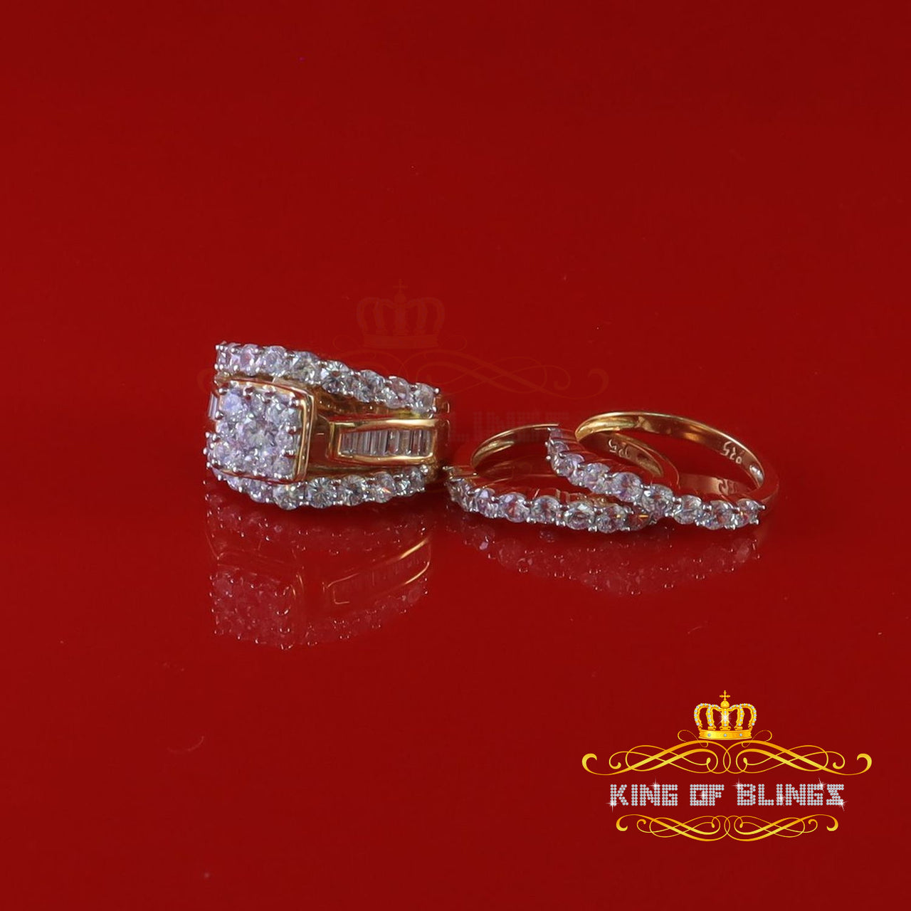 King Of Bling's Yellow 925 Silver 7.50ct Cubic Zirconia 3 Piece Halo Bridal Womens Ring Size 7