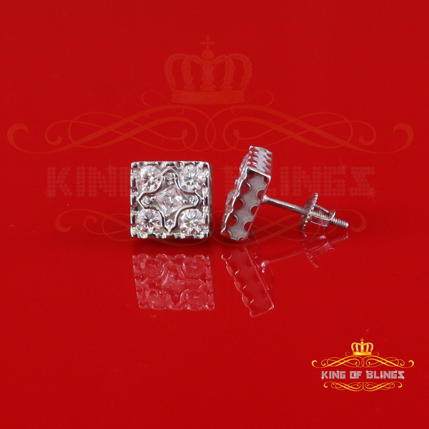 King of Bling's White Silver 1.00ct VVS 'D' Moissanite Square plus Earring Men's/Womens King of Blings