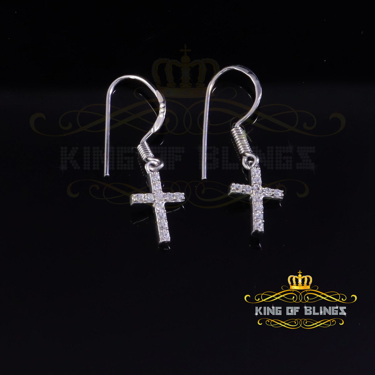 King of Bling's White Sterling Silver 0.27ct Cubic Zirconia Men & Women Dangling Cross Earring