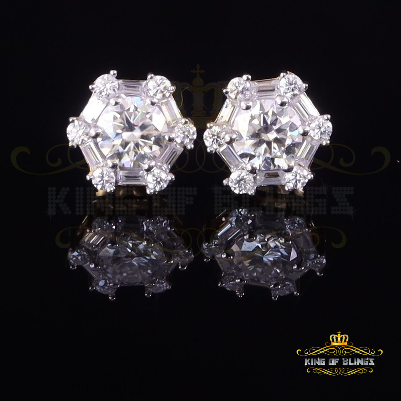 King  of Bling's Men's/Womens 925 Silver Yellow 1.50ct VVS 'D'Moissanite Hexagon Stud Earrings KING OF BLINGS