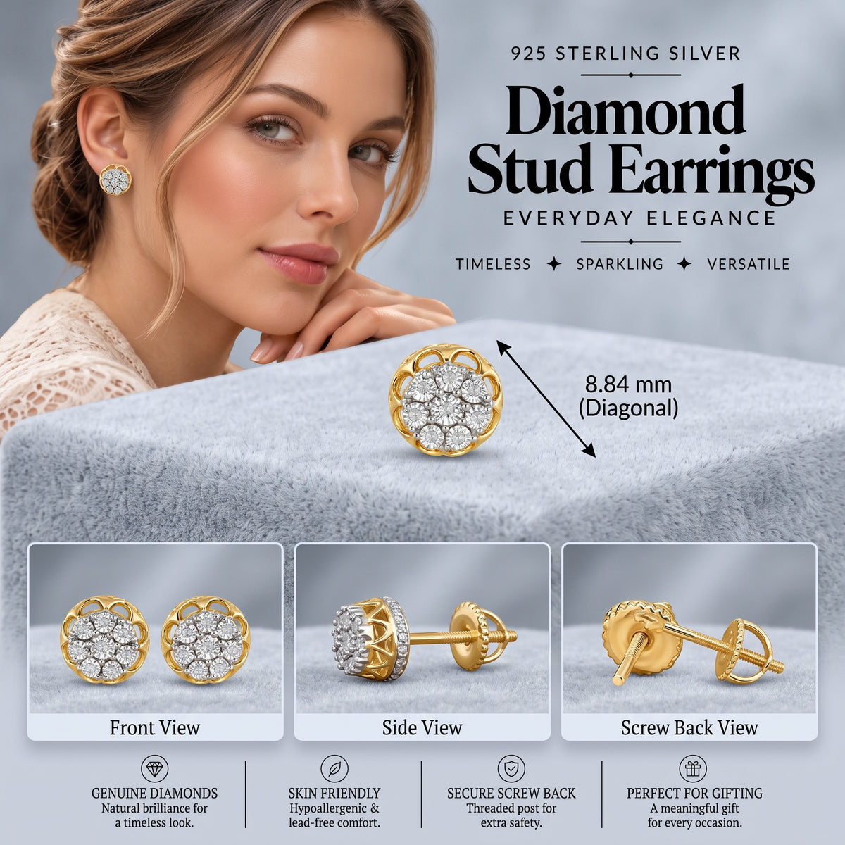King Of Bling's 0.05ct Diamond Stud Earrings For Women Yellow 925 Sterling Silver Stud For Men KING OF BLINGS