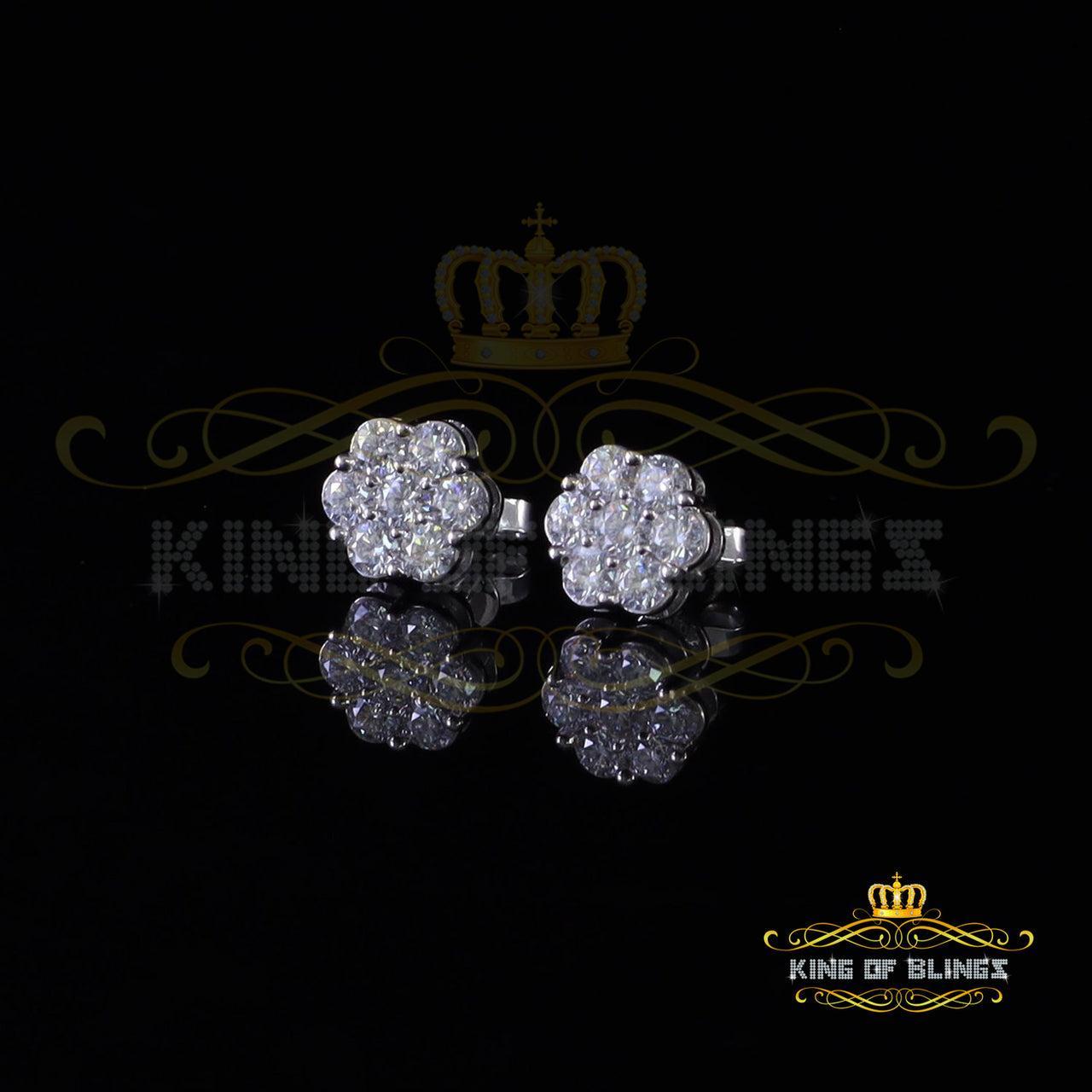 King Of Bling's Real Moissanite Vvs 'D' Color 2.25 ct 10k Real White Gold Stud FLORAL Earrings