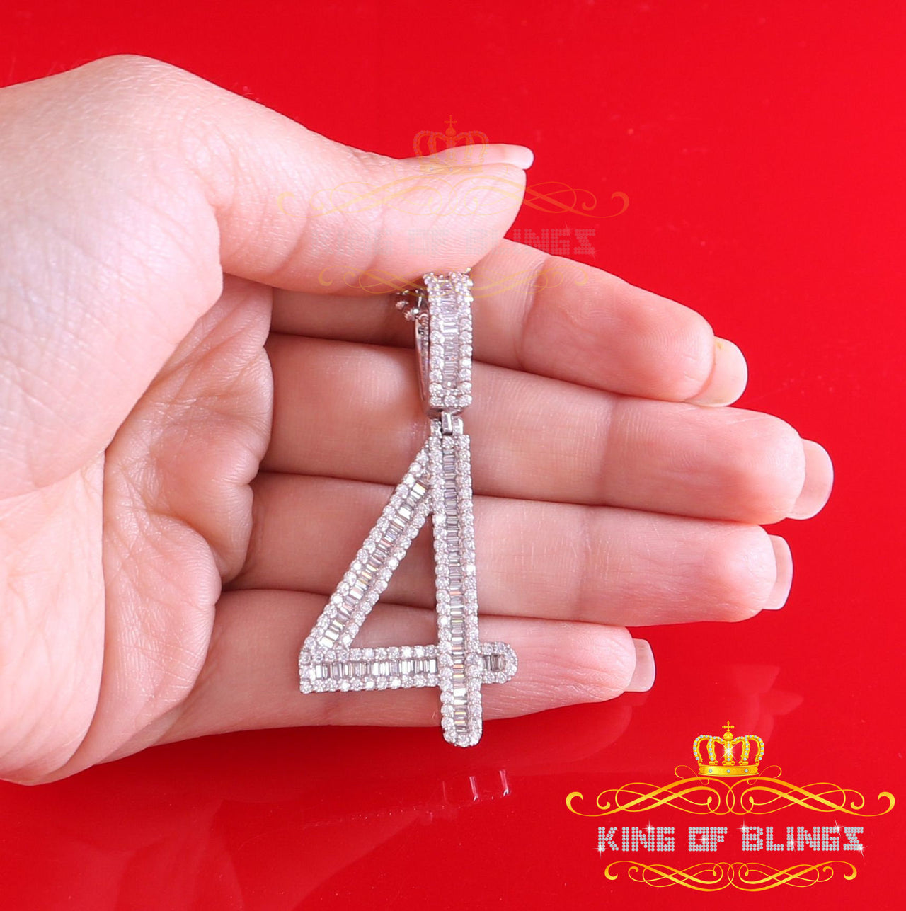 White Sterling Silver Baguette Numerical 4 Pendant 4.86ct Cubic Zirconia Stone KING OF BLINGS