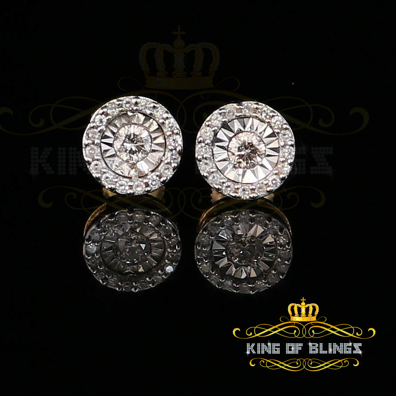 King Of Bling's 10K Real Yellow Gold Real Diamond 0.25CT Men's/Women's Round-Shape Stud Earring