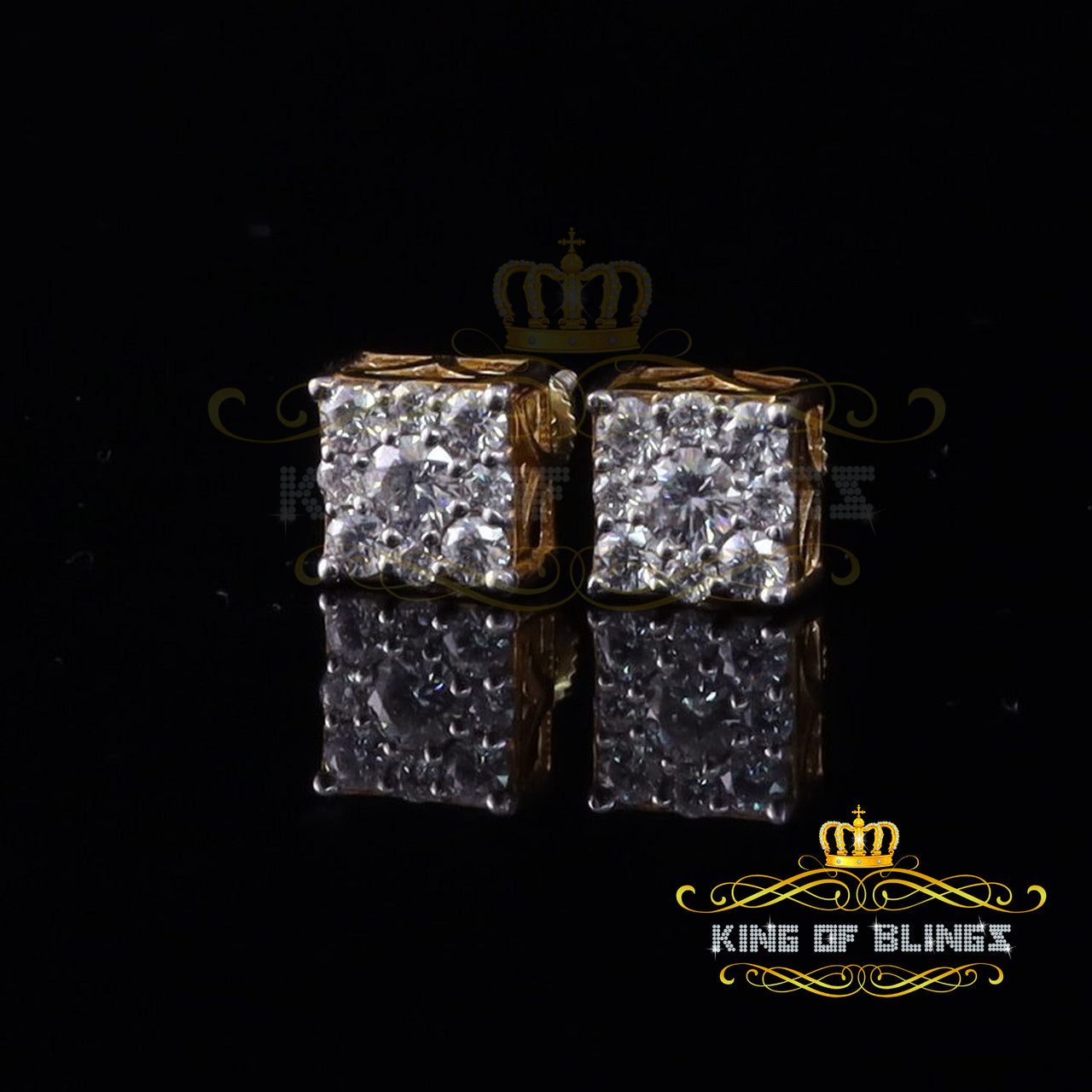 King  of Bling's Men's/Women's Solitaire square Earrings 1.00ct Moissanite 925 Silver Yellow