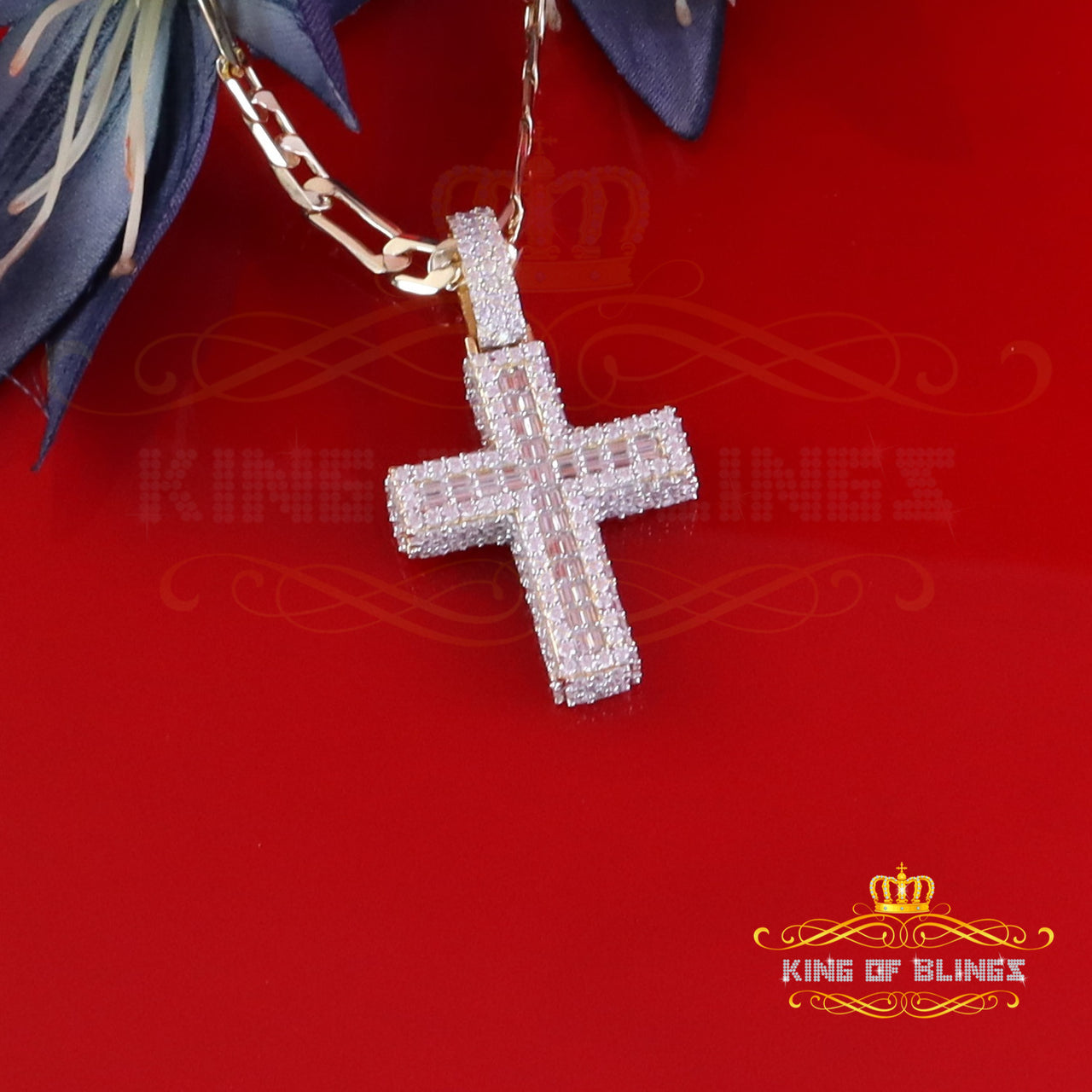 King Of Bling's 925 Sterling Yellow Silver 4.50ct VVS D Clr. Moissanite Cross Pendant Men/ Women KING OF BLINGS