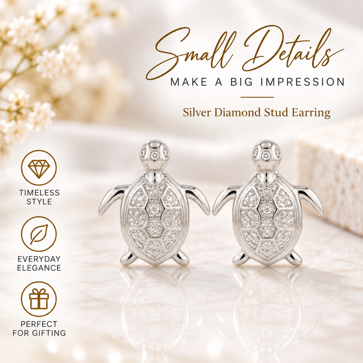 King Of Bling's 925 Sterling White Silver 0.10ct Diamond Turtle Earrings For Women's & Men's KING OF BLINGS