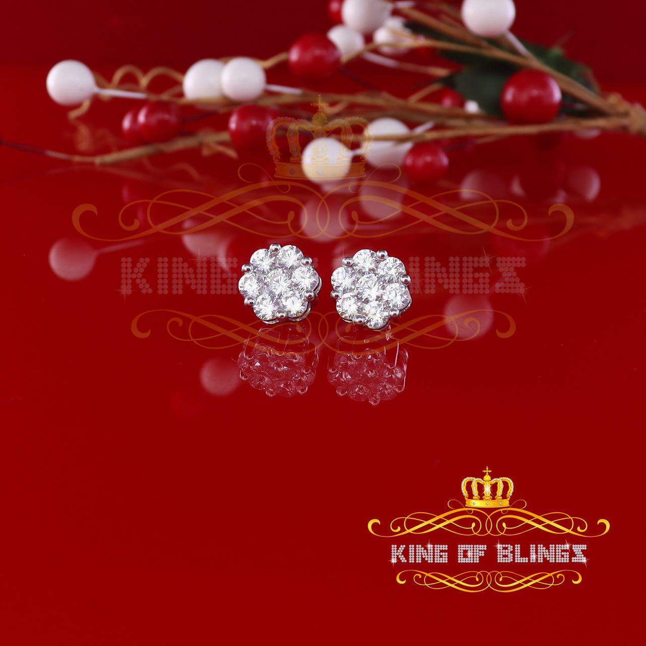 King of Blings- 925 Silver White 1.56ct Cubic Zirconia Hip Hop Floral Women's & Men's Earrings KING OF BLINGS