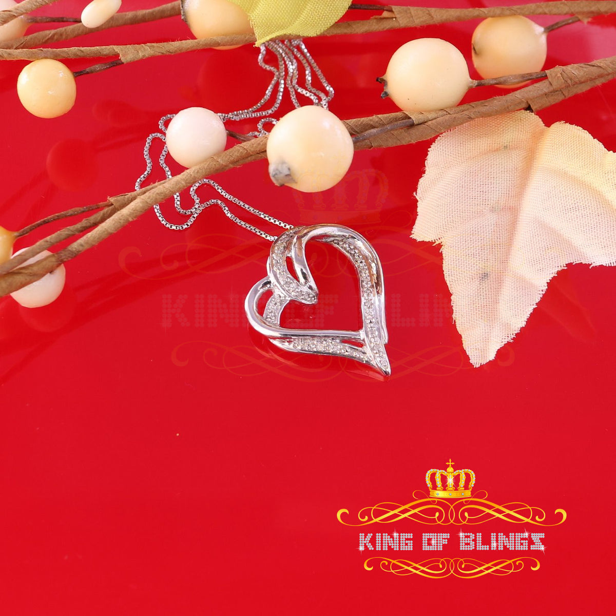 King Of Bling's Real 0.10CT Diamond HEART'S 925 Sterling Silver White Charm Necklace Pendant KING OF BLINGS