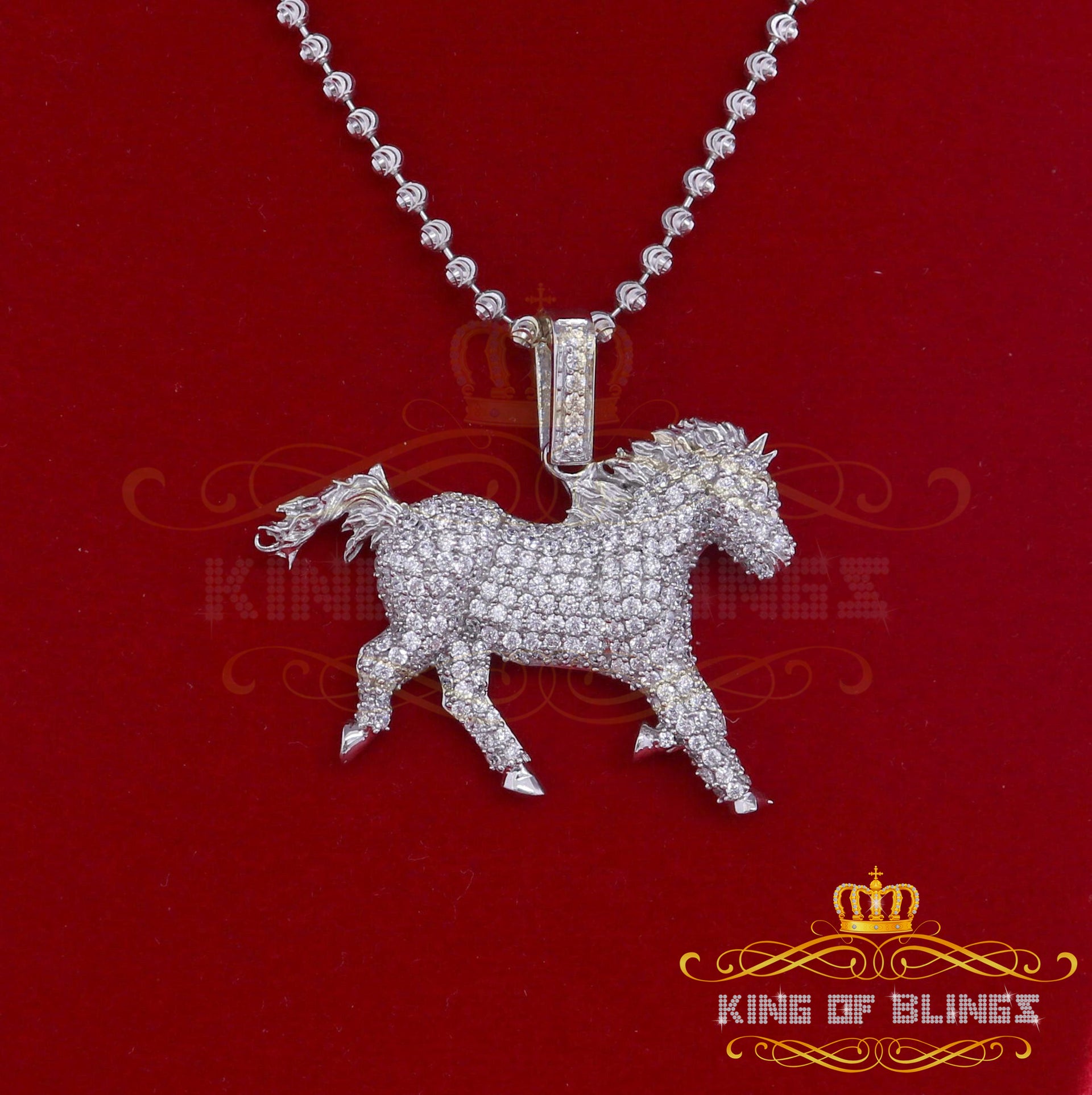 10K White Gold Finish Silver Horse Pendant with Lab Created Diamonds