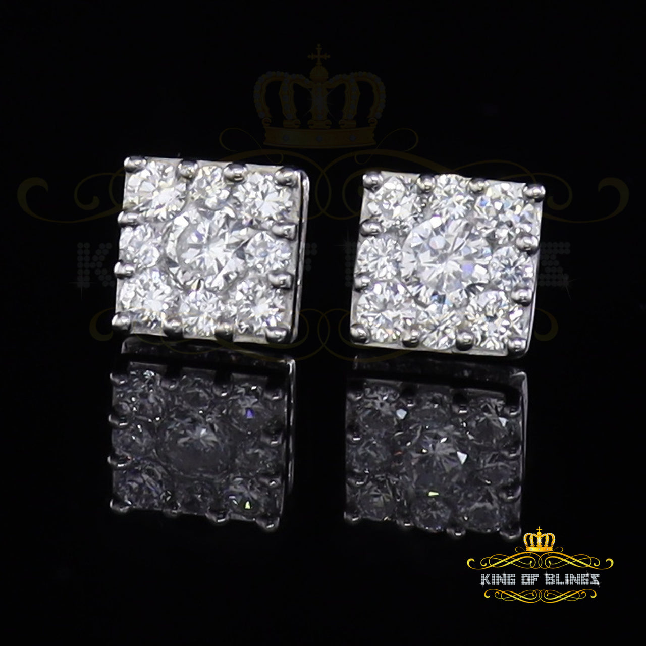 King of Blings- 925 White 1.46ct Sterling Silver Cubic Zirconia Women's & Men's Square Earrings KING OF BLINGS