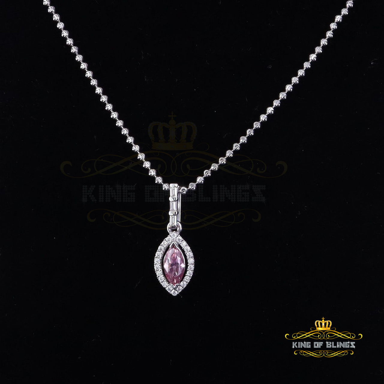 King Of Bling's Elegant Women's 925 Silver White 1.25 ct VVS D Pink Marquis Moissanite Pendant