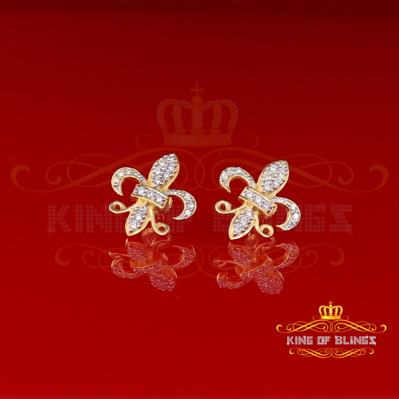 King of Bling's 925 Yellow Silver Women's Fleur de Lis Screw Back 0.36ct Cubic Zirconia Earrings