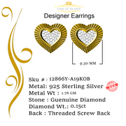 King of Blings-Aretes Para Hombre Heart 925 Yellow Silver 0.15ct Diamond Women's Stud Earring KING OF BLINGS