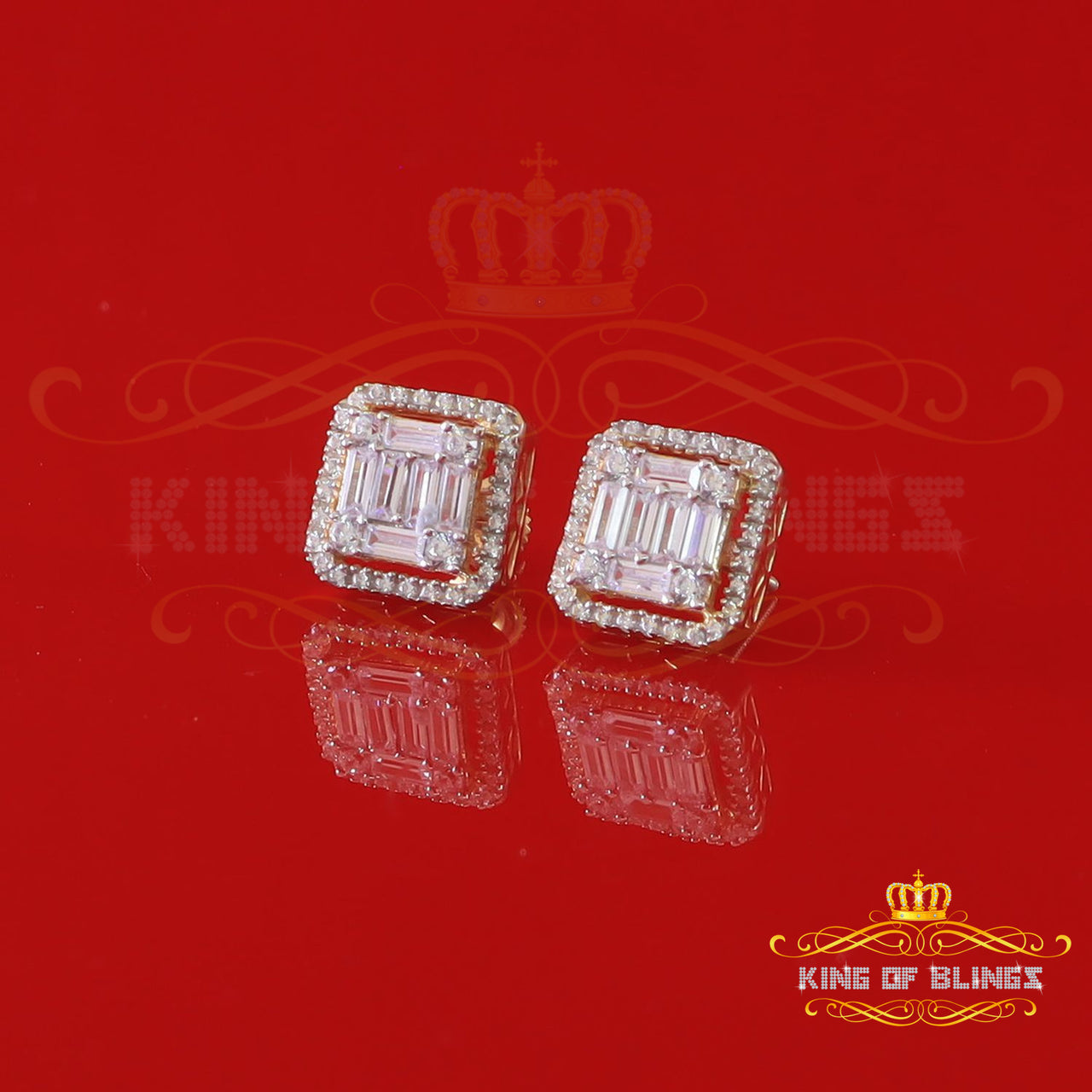 King of Bling's 925 Yellow Silver 0.96ct Cubic Zirconia Women's & Men's Hip Hop Square Earrings