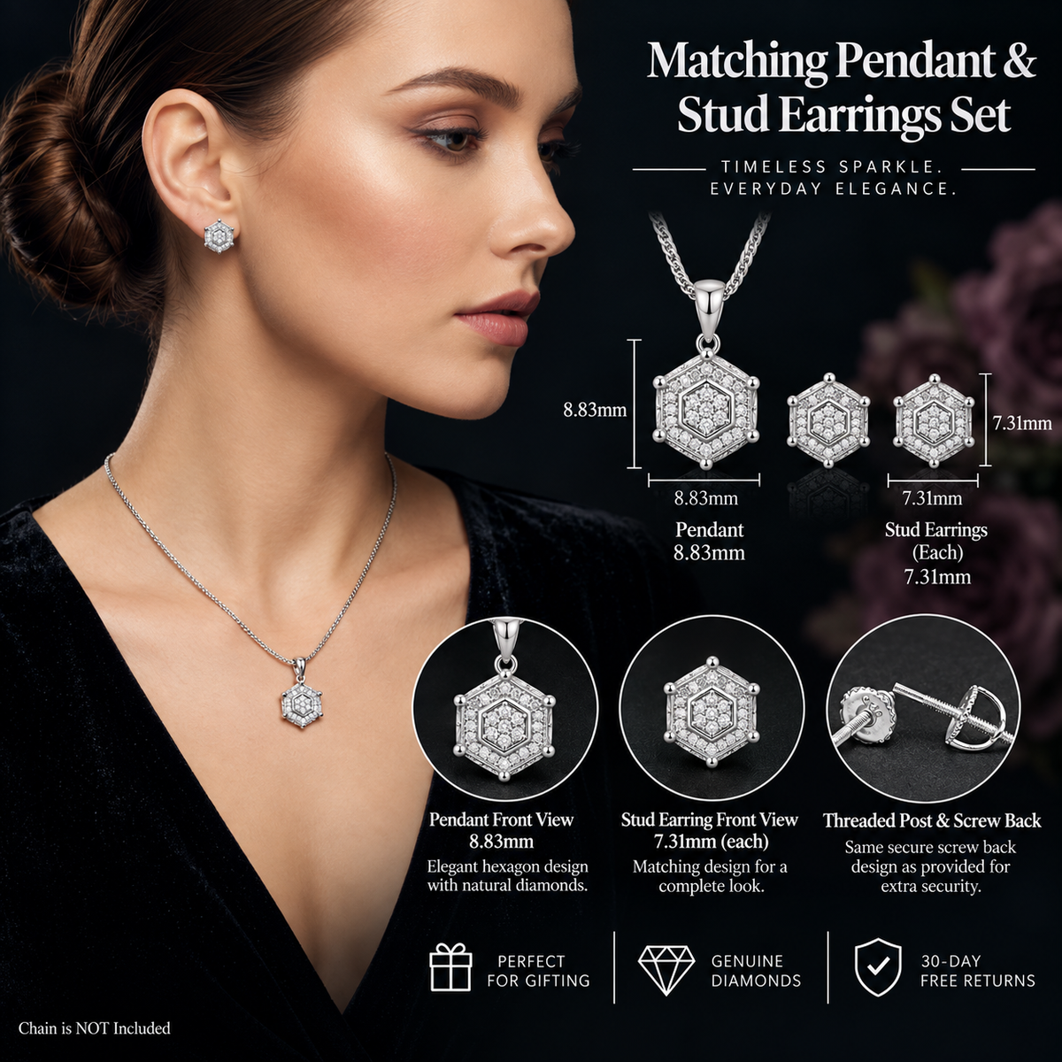 King of Bling's 925 White Sterling Silver 0.25 CTW Genuine Diamond Round Hexagonal Shape Pendant & Earrings Set King of Blings