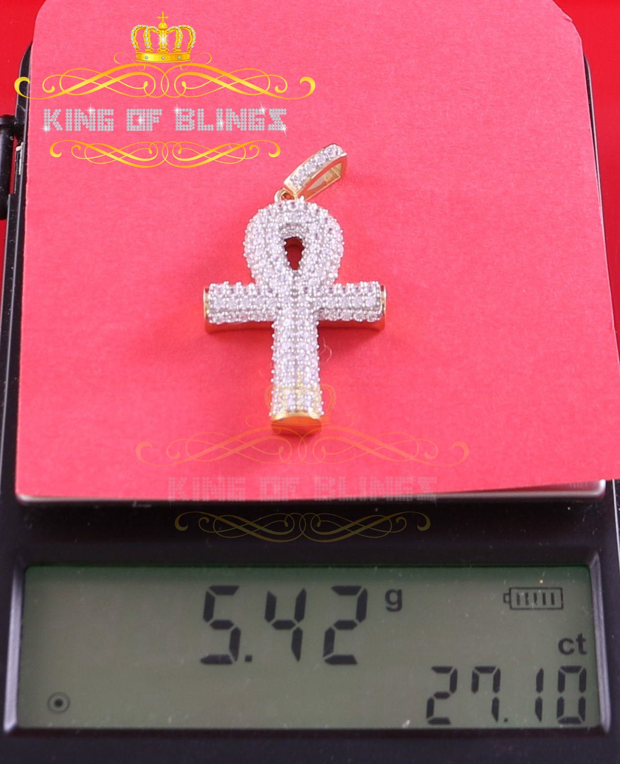 Promising Yellow Sterling Silver ANKH Shape Pendant with 1.85ct Cubic Zirconia KING OF BLINGS