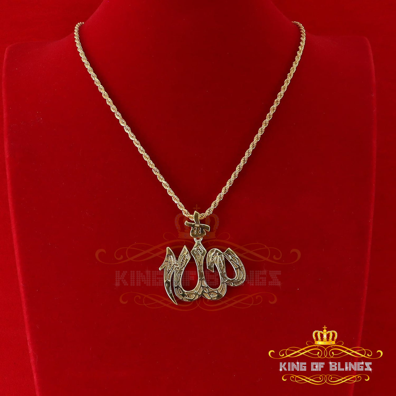 King Of Bling's Real 0.25ct Diamond Sterling Silver ALLAH Charm Necklace Pendant in Yellow