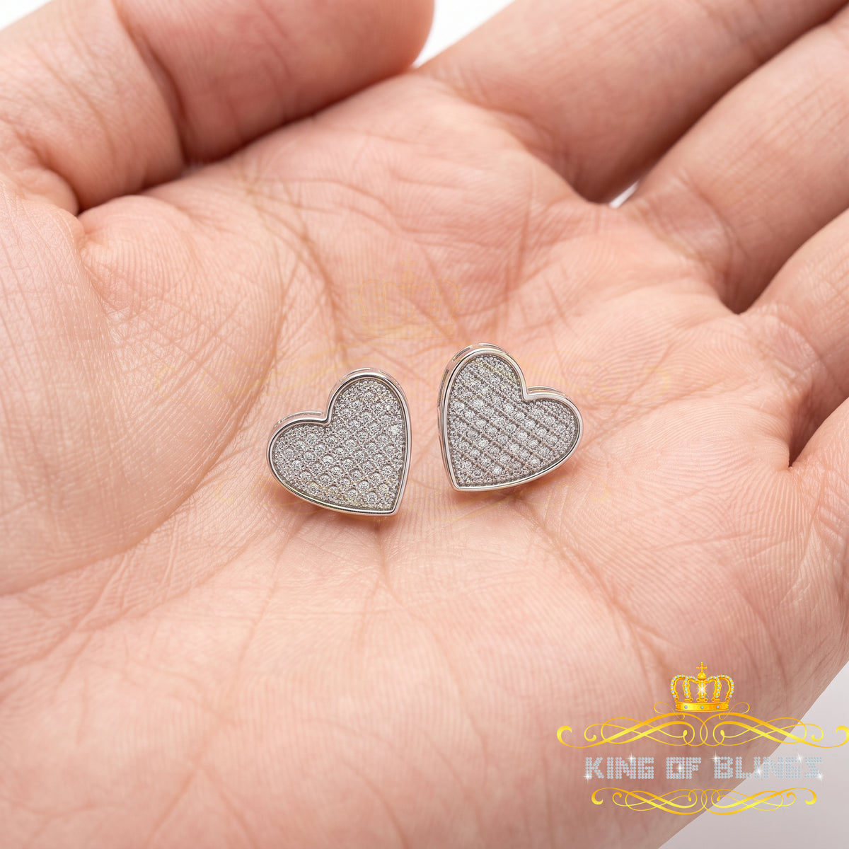 King of Bling's 925 Sterling White Silver 0.84ct Cubic Zirconia Women's & Men's Heart Earrings KING OF BLINGS