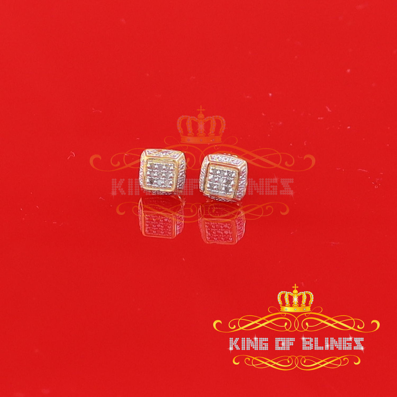 King of Blings-0.05ct Diamond Square Earrings For Women Yellow 925 Sterling Silver Stud For Men