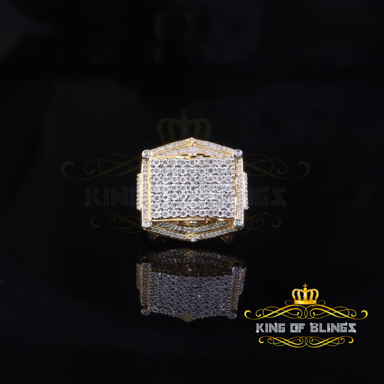 King Of Bling's 0.66ct Men's Real Diamond 925 Yellow Silver Big Mirage Set Square Rings Size 10