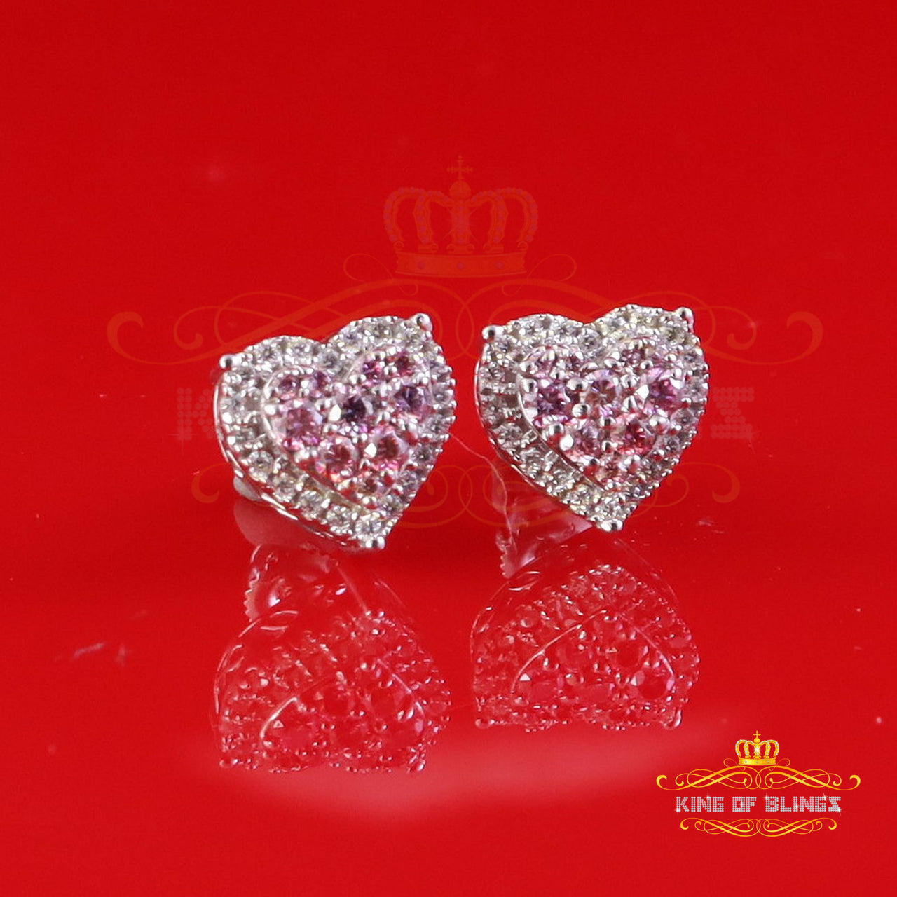 King of Bling's New Men's/Women's 925 Silver White 1.00ct VVS 'D' Pink Moissanite Heart Earrings