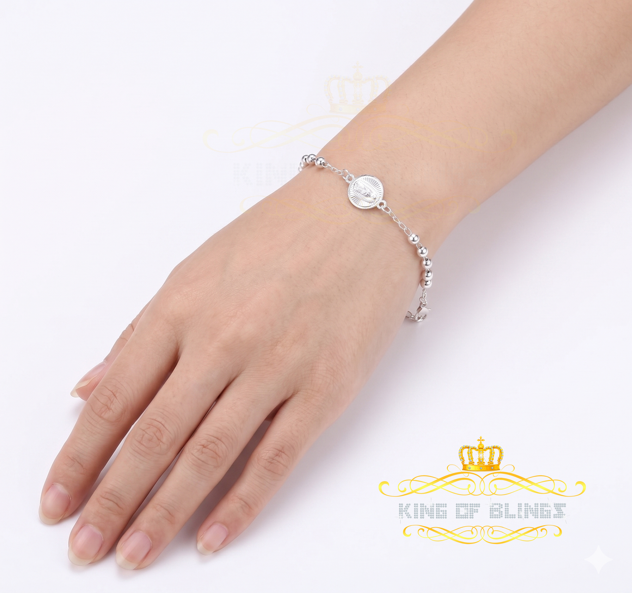 KING OF BLINGS 925 Sterling Plain Silver Virgin Merry White Oval Shape Women's Religious Bracelet