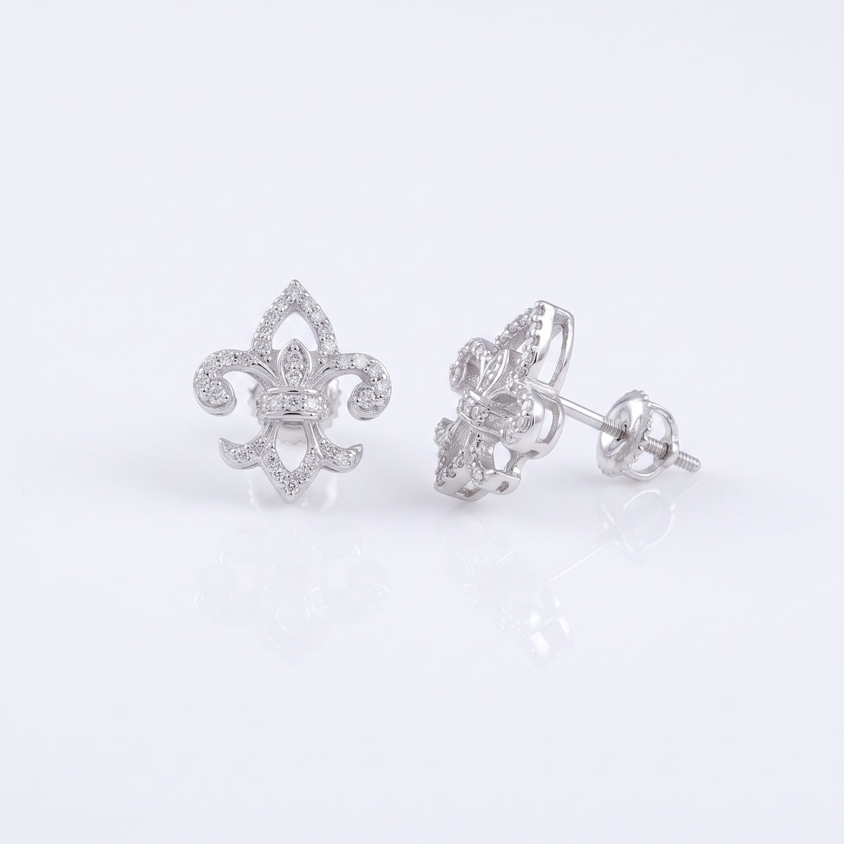 King of Bling's 0.60ct Cubic Zirconia 925 White Silver Women's Fleur de Lis Screw Back Earrings KING OF BLINGS