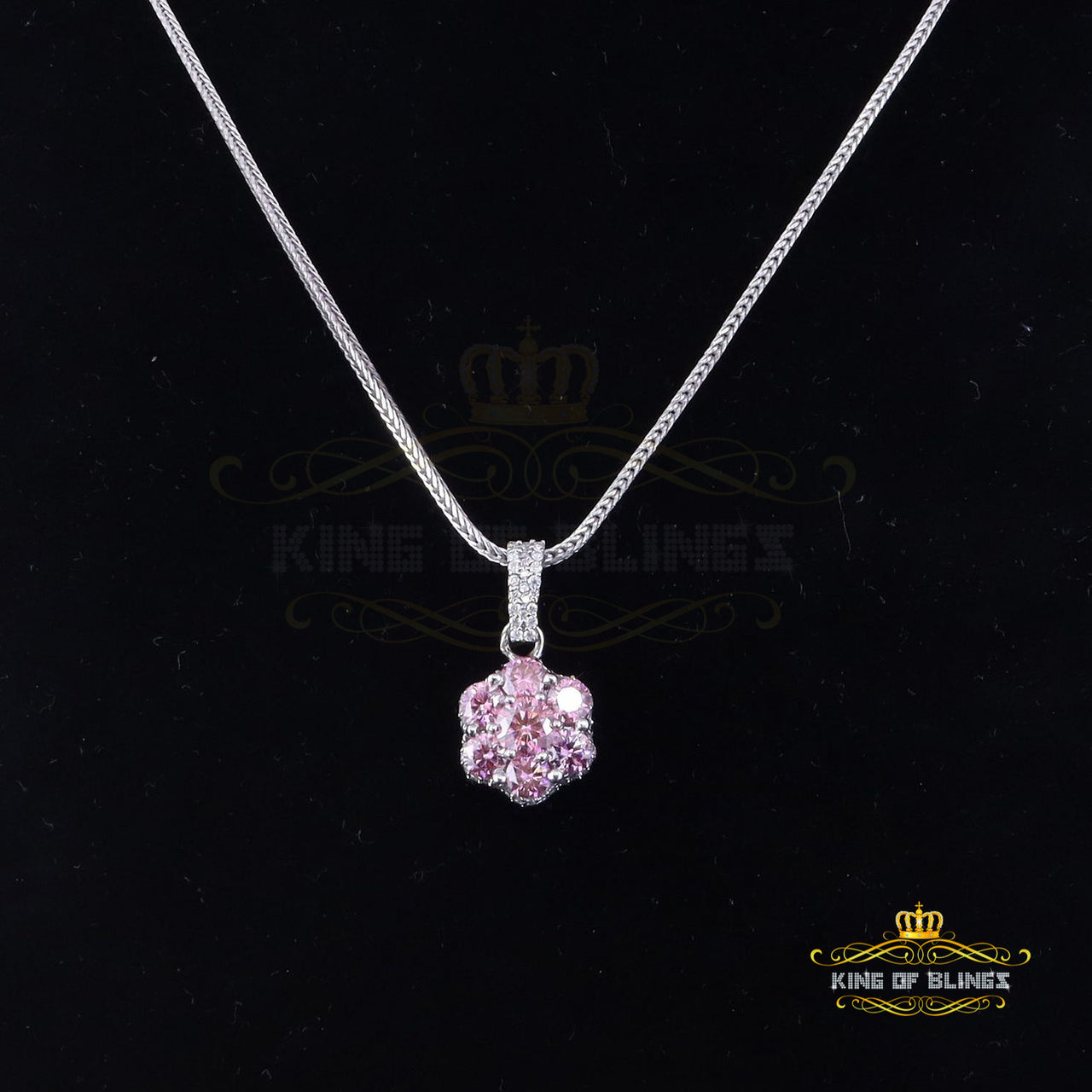 King Of Bling's Women's 925 Silver White 3.00 ct VVS D Pink Moissanite 3D 7 Stone Floral Pendant