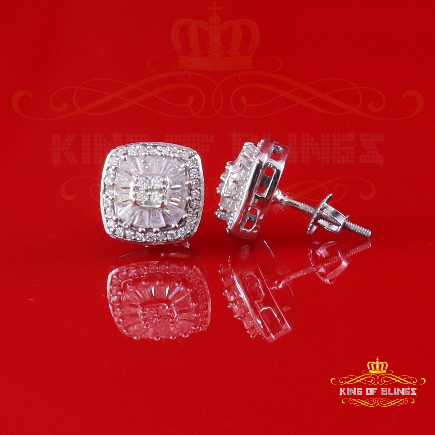 King of Bling's White Silver 1.00ct VVS 'D' Moissanite Floral Square Earring Men's/Womens King of Blings