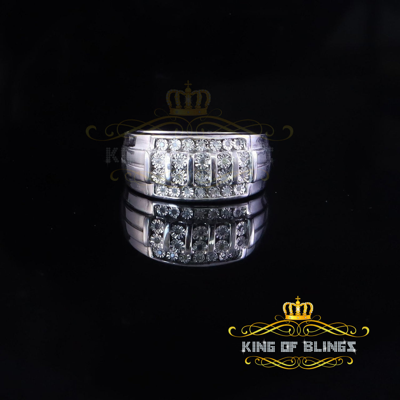 King Of Bling's 925 Silver 0.10ct Round Cut White Diamond Cluster Men's Wedding Band Ring SZ 11
