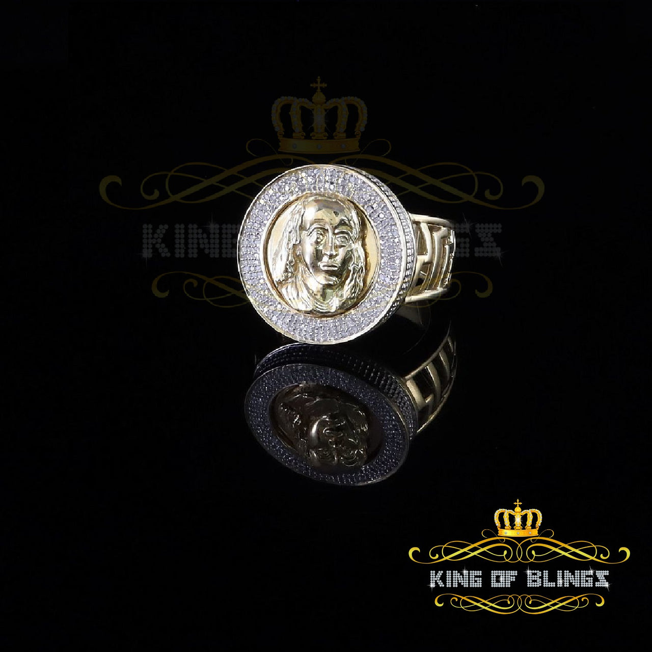 King Of Bling's Men's 0.40CT Silver Diamond Yellow Silver Round Adjustable Ring From SZ 10 to 12