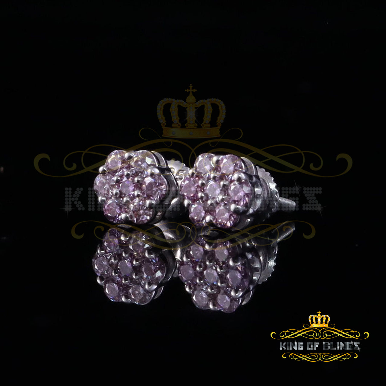 King of Bling's Mens/Womens 925 Silver White 0.50ct VVS 'D' Pink Moissanite Floral Stud Earrings