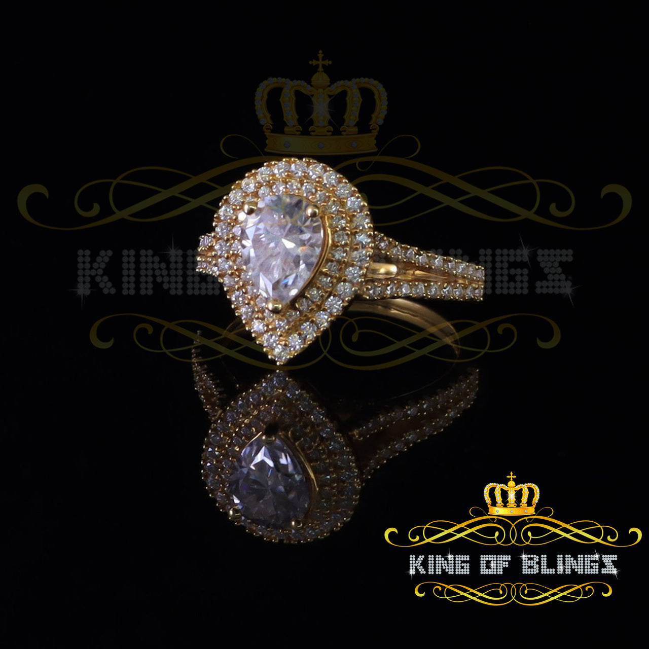 King Of Blings  10K Yellow Gold 2.00CT 'VVS' 'FL' D clr Pear Cut Moissonite Womens Ring Size 7