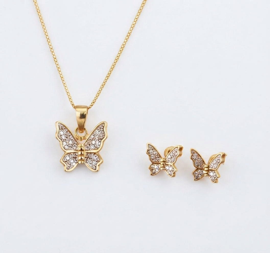 King of Bling's 925 Yellow Silver 0.33 CT Genuine Diamond Round Butterfly Pendant & Earrings Set King of Blings