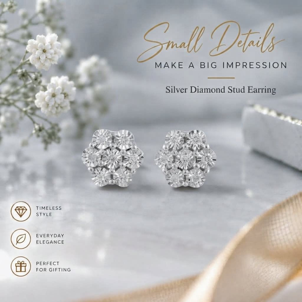 King Of Bling's 0.05ct Diamond 925 Sterling Silver White Floral Style Earrings For Men / Women KING OF BLINGS