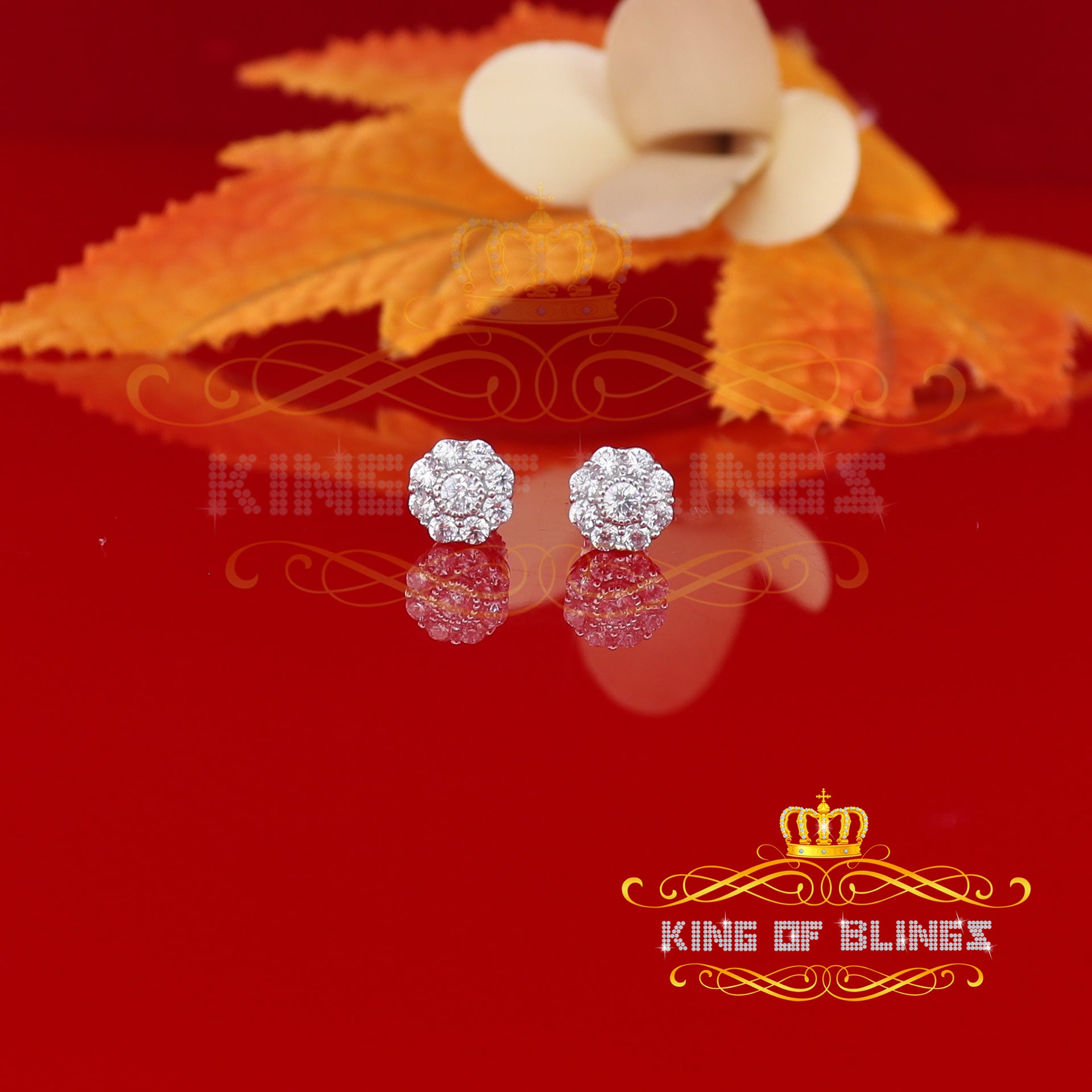 King of Blings- White 925 Sterling Silver 1.18ct Cubic Zirconia Women's Hip Hop Flower Earrings KING OF BLINGS