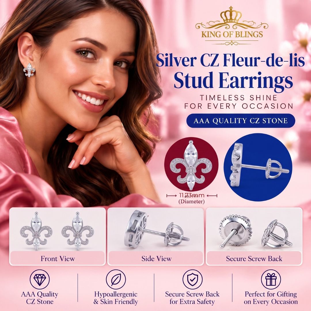 King of Bling's 925 White Silver Ladies Fleur de Lis Screw Back 2.43ct Cubic Zirconia Earrings KING OF BLINGS