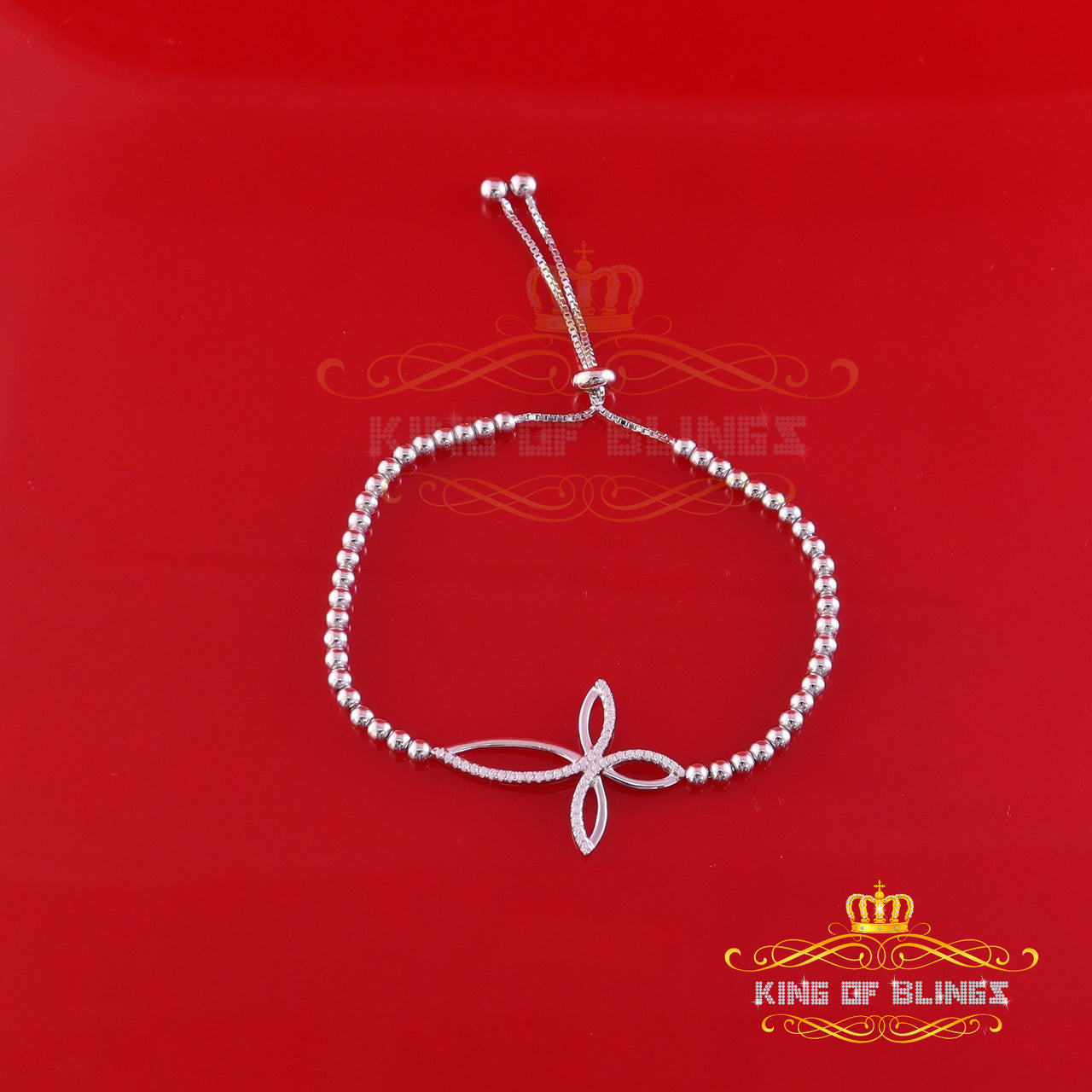 King Of Bling's Adjust Cross Pearl Style White 925 Silver Cubic Zirconia Men's/Womens Bracelet