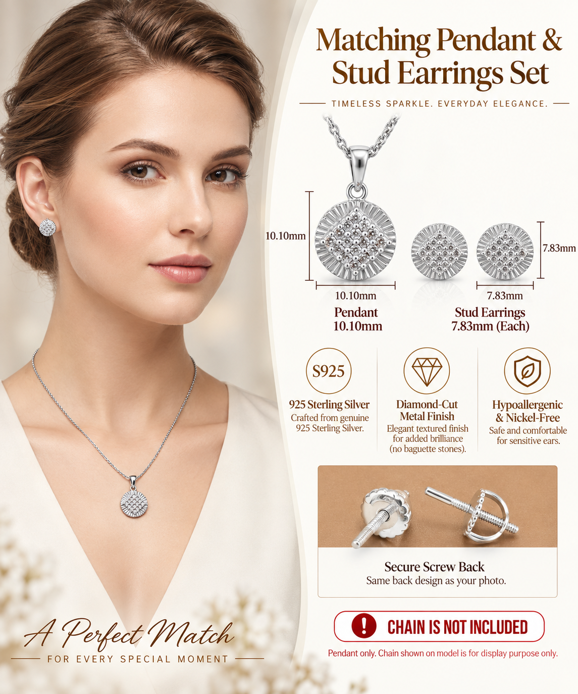 King of Bling's 925 White Silver 0.33 CT Genuine Diamond Round Medallion Pendant & Earrings Set King of Blings