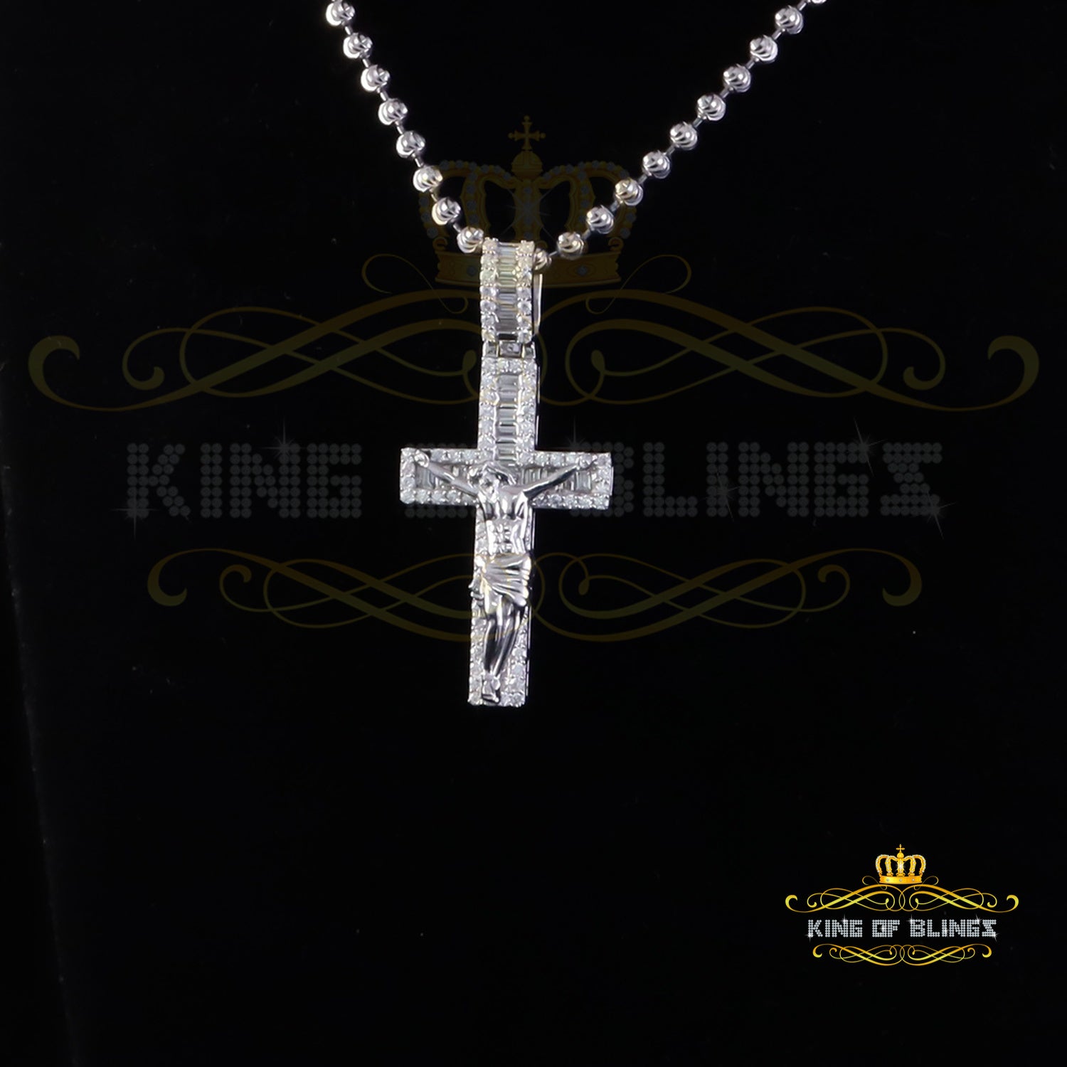 King Of Bling's New Mens 2.25ct VVS D Clr. Moissanite Baguette Jesus Cross Pendant White Silver KING OF BLINGS