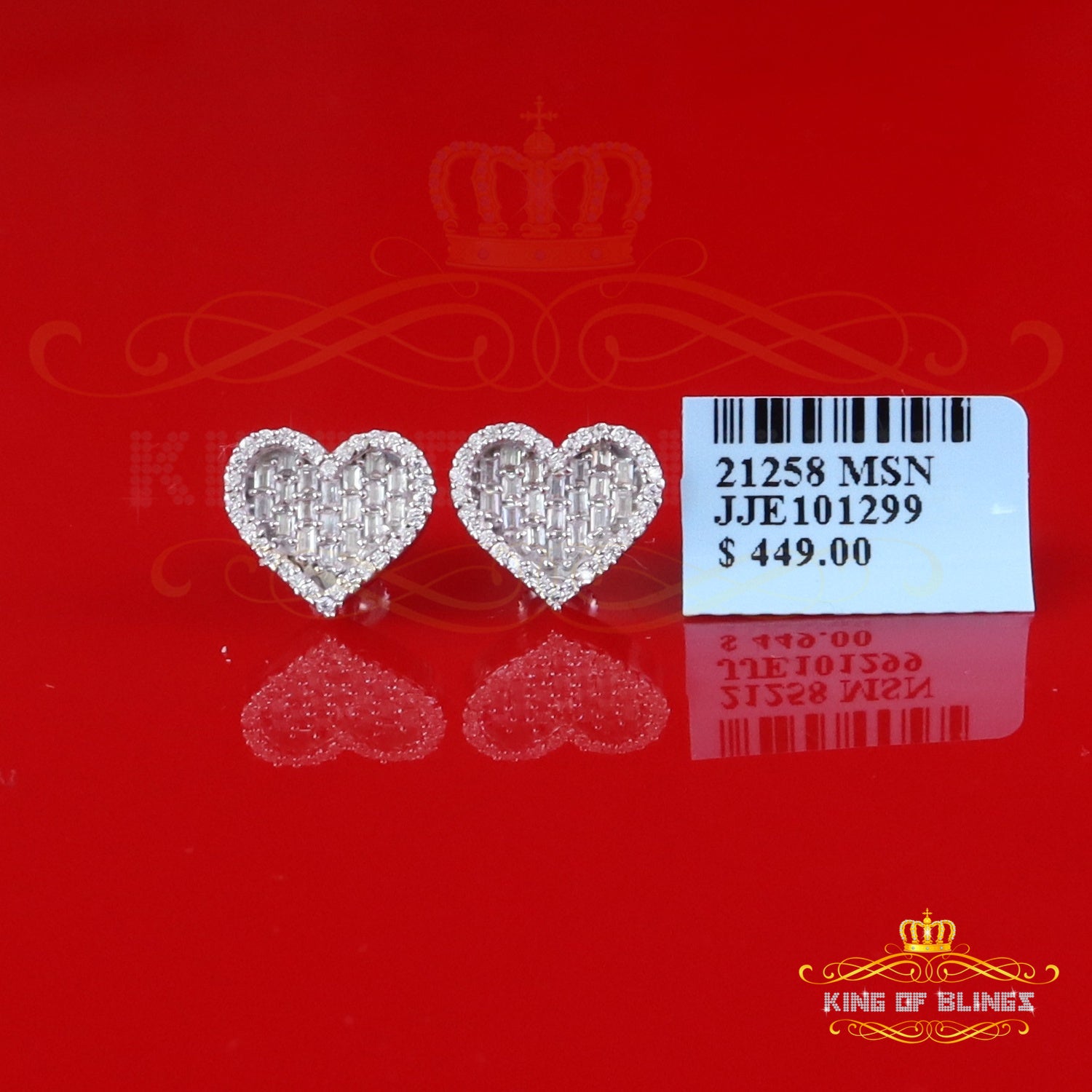 King of Bling's White Silver 1.00ct VVS 'D' Moissanite Baguette Heart Earring Men's/Womens King of Blings