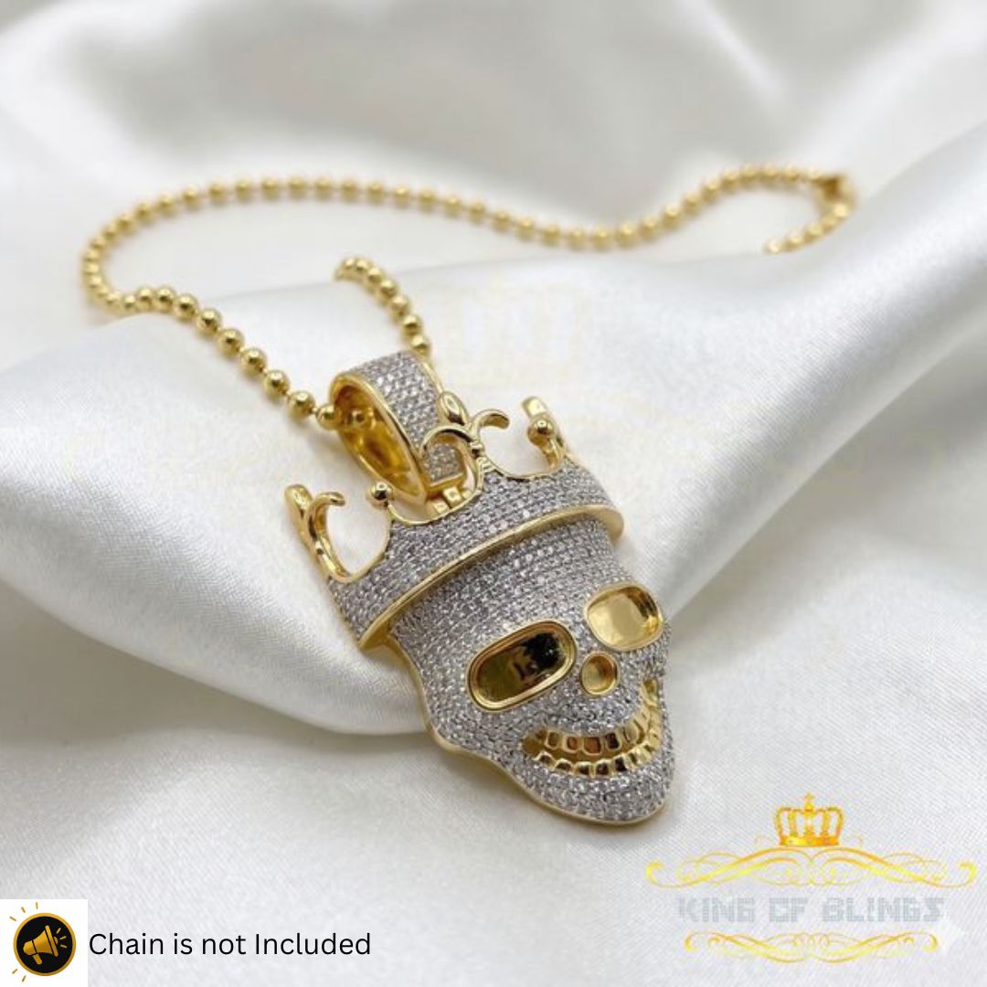 King Of Bling's Yellow Sterling Silver Skull Crown Hat sign Pendant with 3.34ct Cubic Zirconia