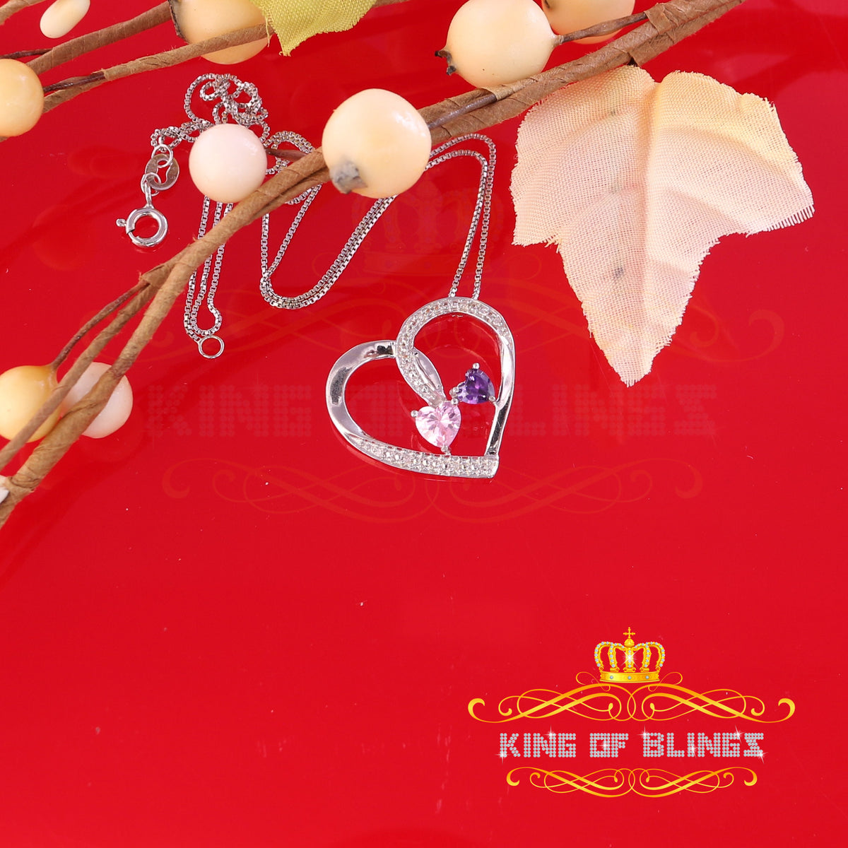 King Of Bling's Two Stones Pink Blue Heart Solitaire 0.1ct Silver Diamonds White Charm Pendant KING OF BLINGS