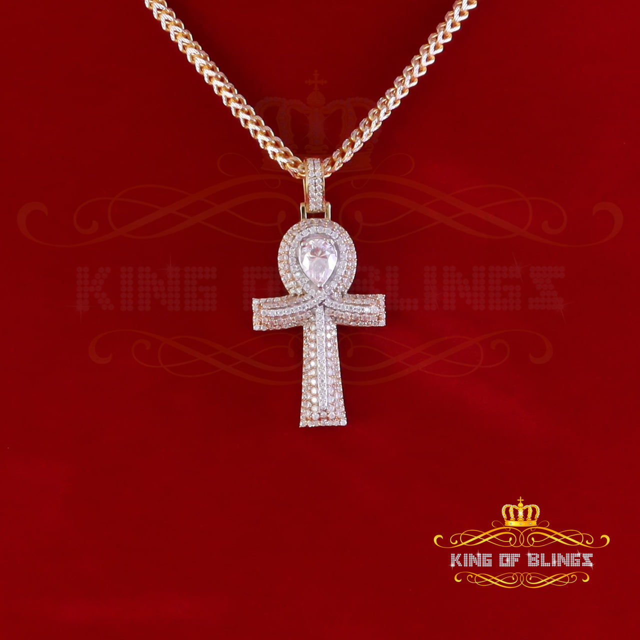 King Of Bling's 4.00ct VVS D Moissanite Yellow Center stone Pear Silver Charm Ankh Mens Pendant KING OF BLINGS