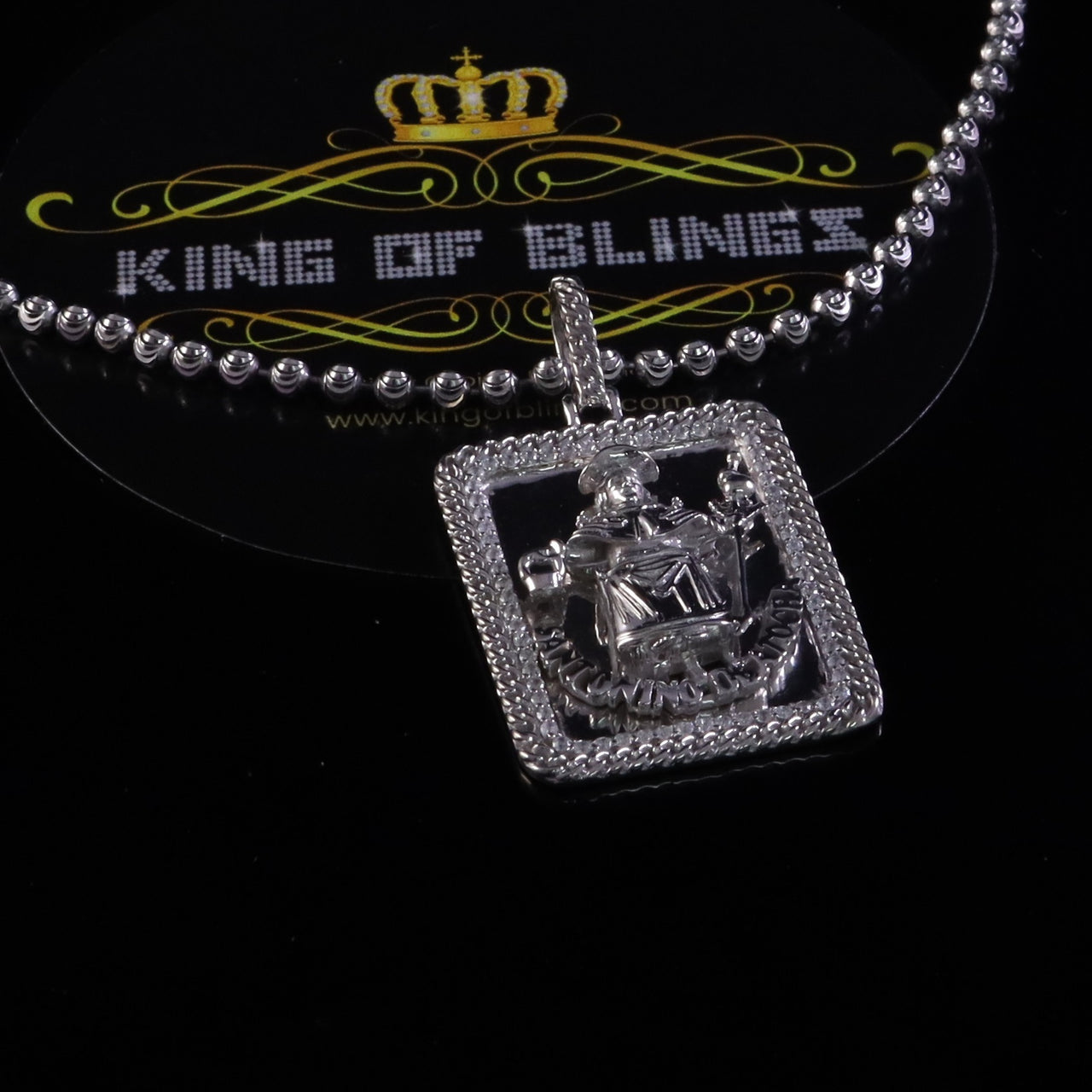King Of Bling's Men's Square Santo Nino De Atocha 3D White '1'inch 925 Silver 0.66ct CZ Pendant KING OF BLINGS