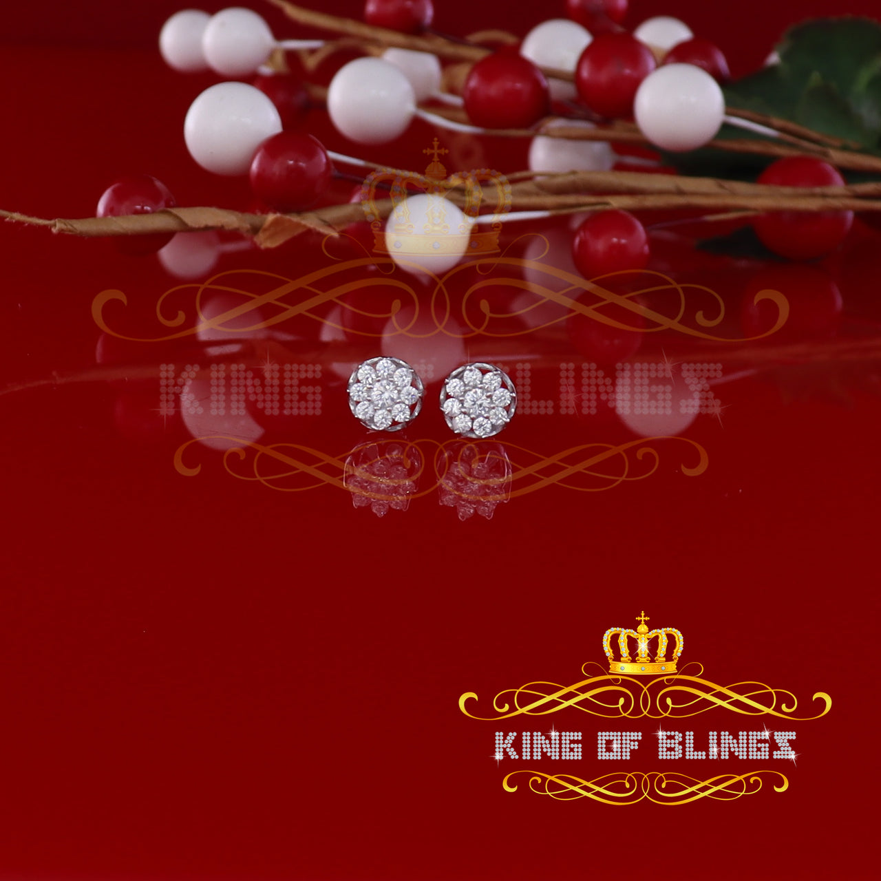 King of Blings- White 925 Silver Cubic 0.14ct Zirconia Women's & Men's Hip Hop Flower Earrings KING OF BLINGS