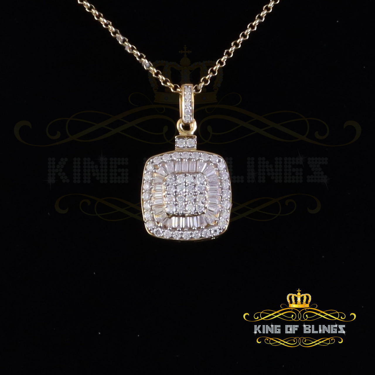 King Of Bling's 925 Yellow Silver 1.50ct VVS D Clr Moissanite Baguette & Round Pendant for Women KING OF BLINGS