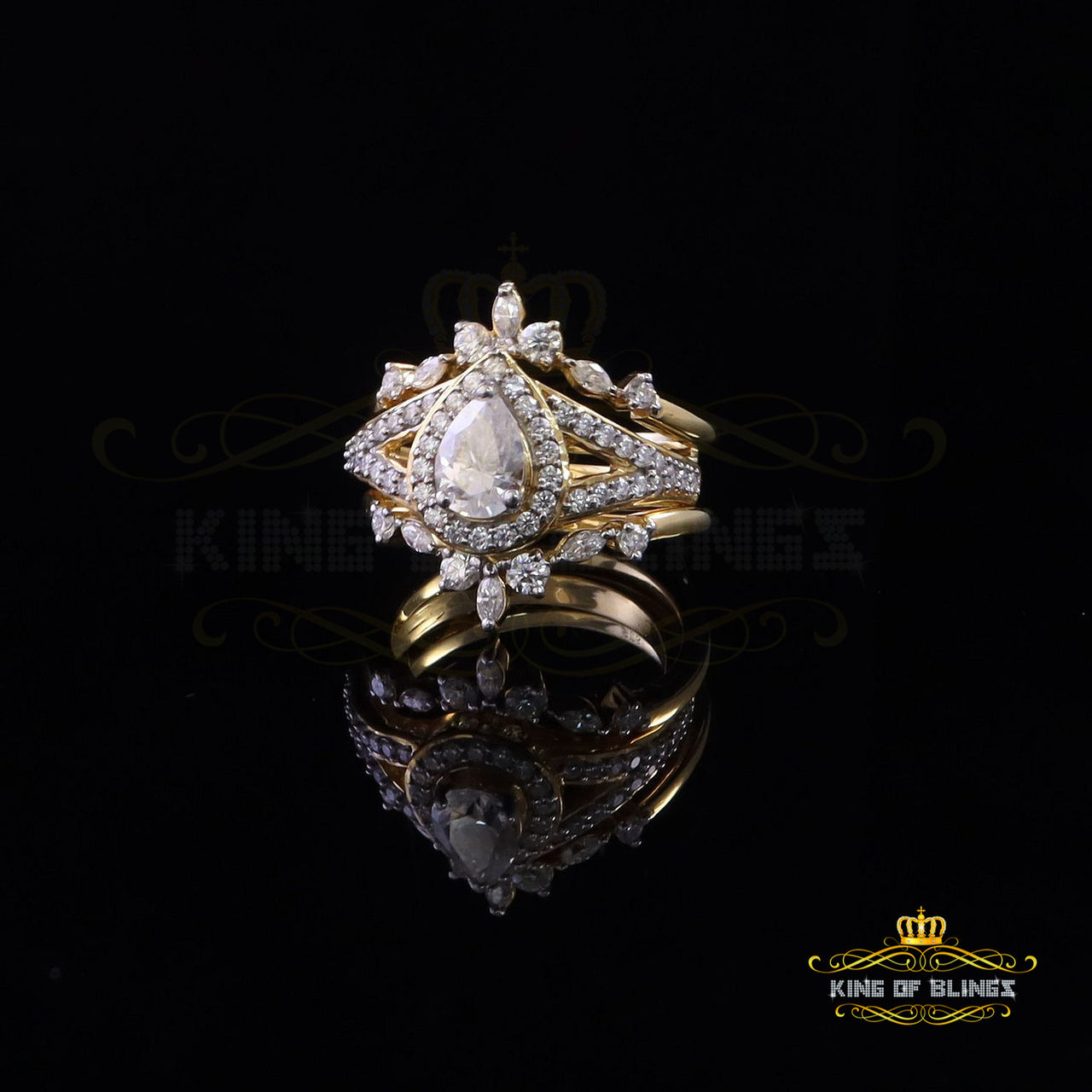 King of Bling's Pear Shape Moissanite Women's 925 Silver Yellow 1.66ct VVS 'D' Ring Guard Size 7